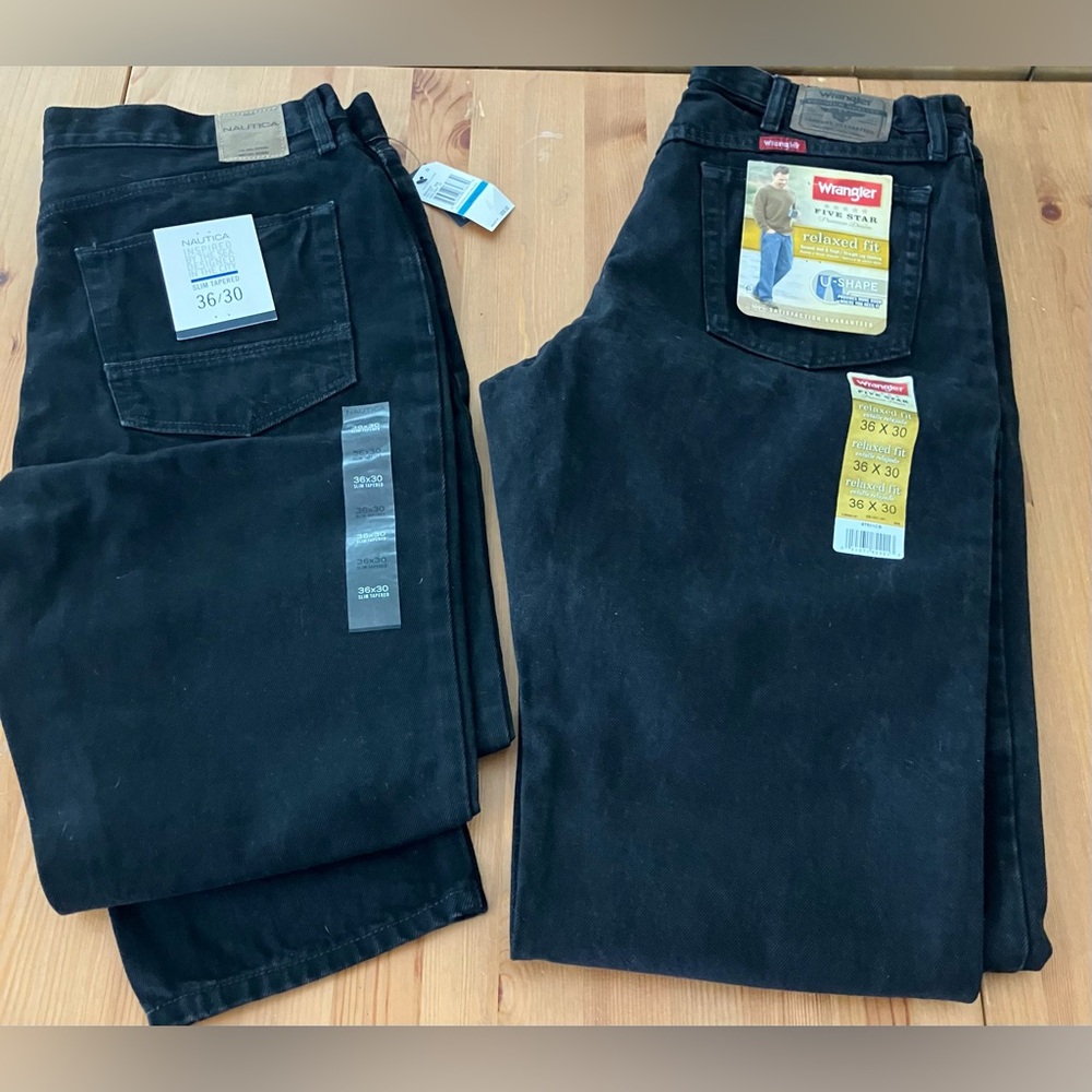 NWT 2 Pairs Men’s Jeans 36/30  Wrangler Relaxed Fit & Nautica Slim Tapered Black